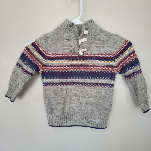 Cat & Jack Toddler Boy 2T Grey Sweater Toggle Button Red Blue Knit Fall Winter - Picture 1 of 8